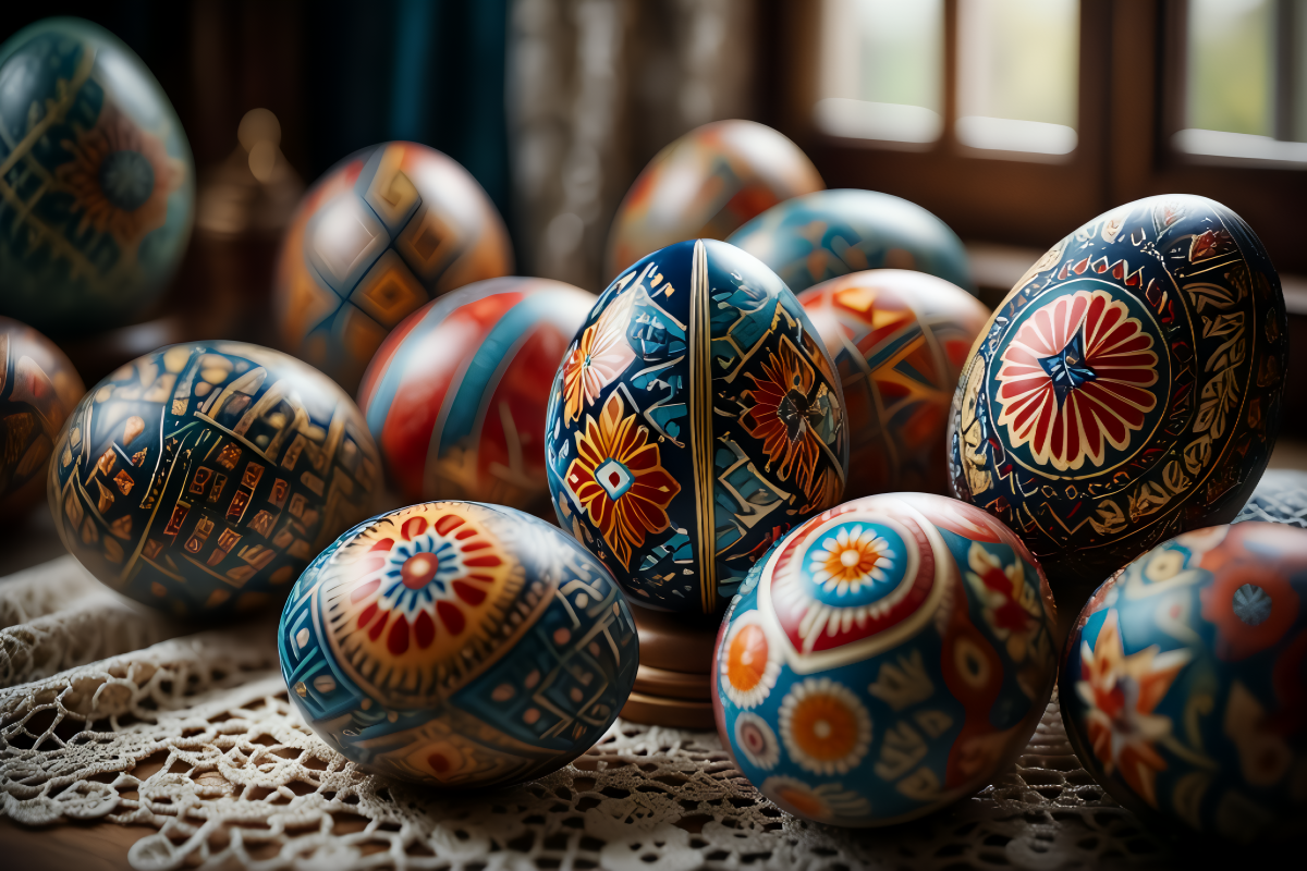A close-up professional photography of intricate Ukrainian Easter eggs (pysanky) displayed on vintage lace
