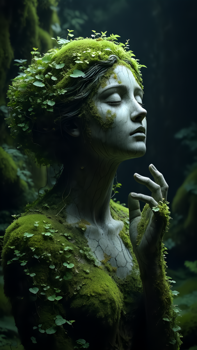 3D rendering of a weathered stone sculpture