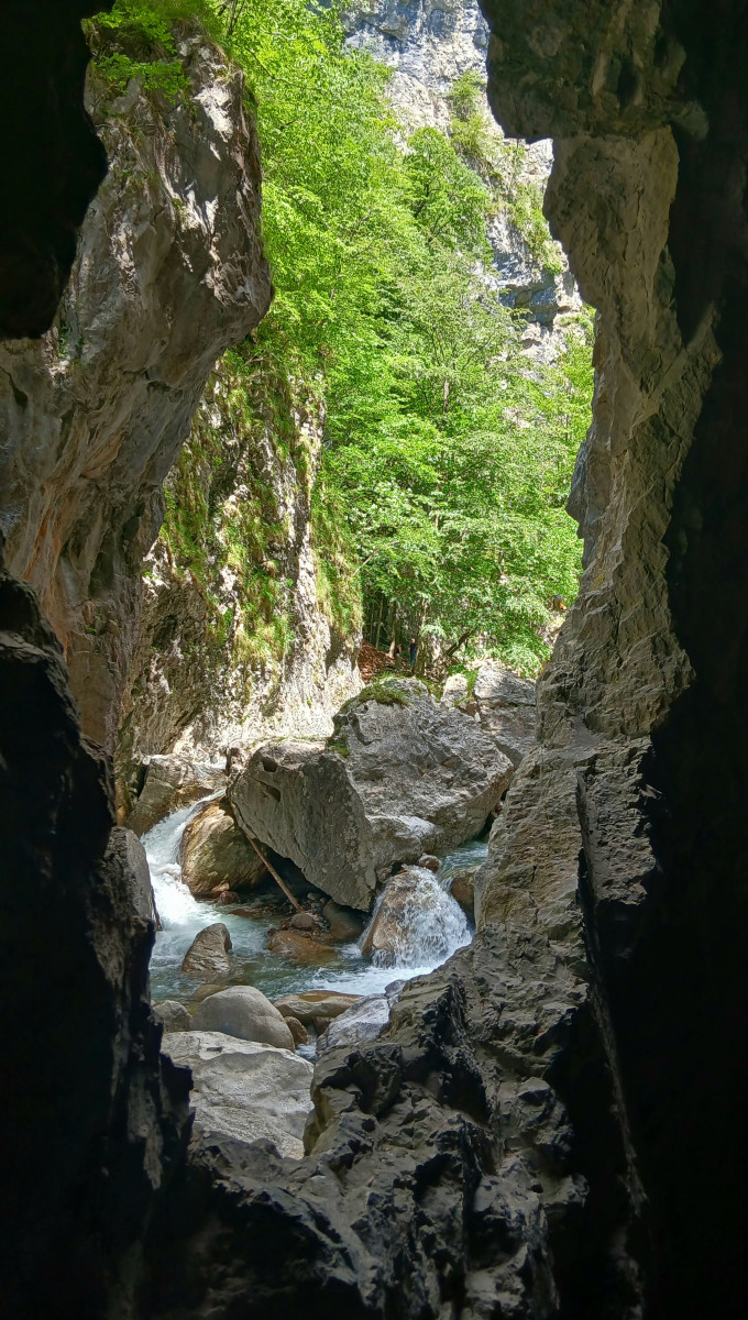 View to river from Dovžan Gorge tunnel windows