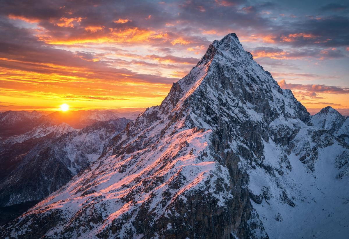 Snowy Mountain At Sunset