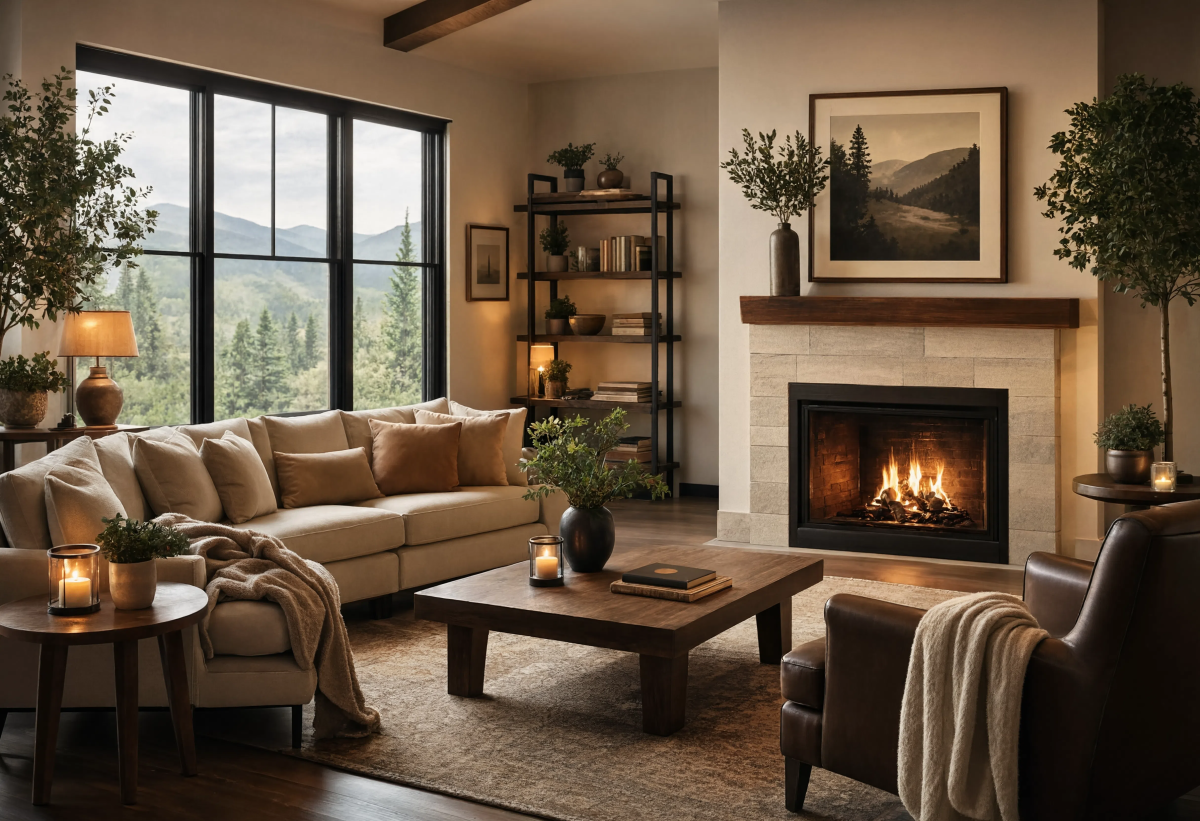 Interior fireplace simple living room scene