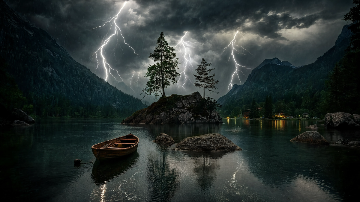 Stormy lake with boat