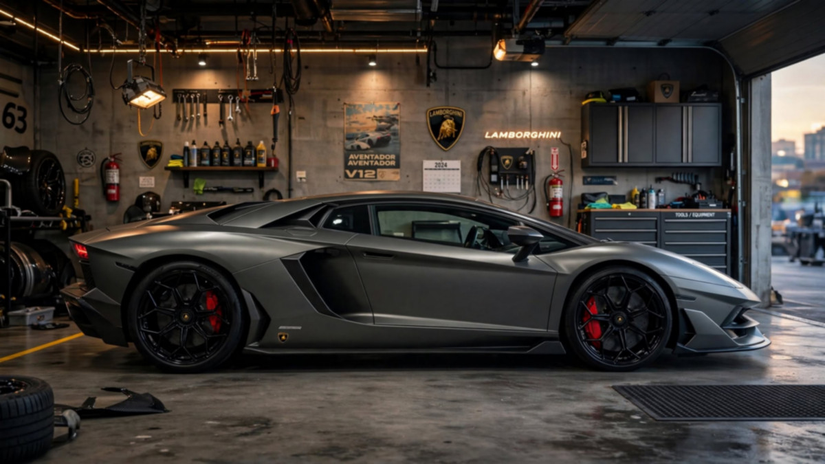 Lamborghini Aventador garage wallpaper 8K