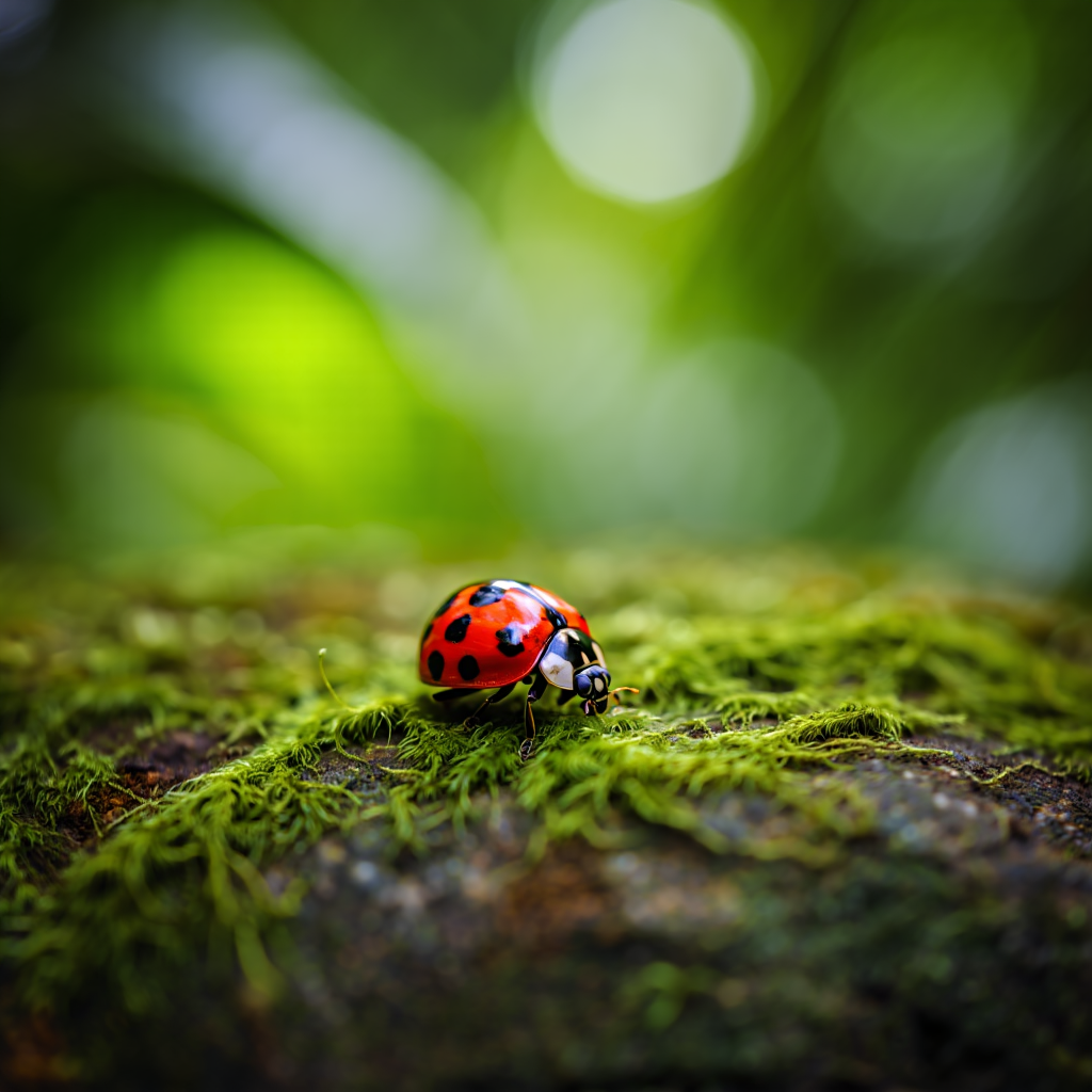 A single red ladybug with black spots rests on a green moss