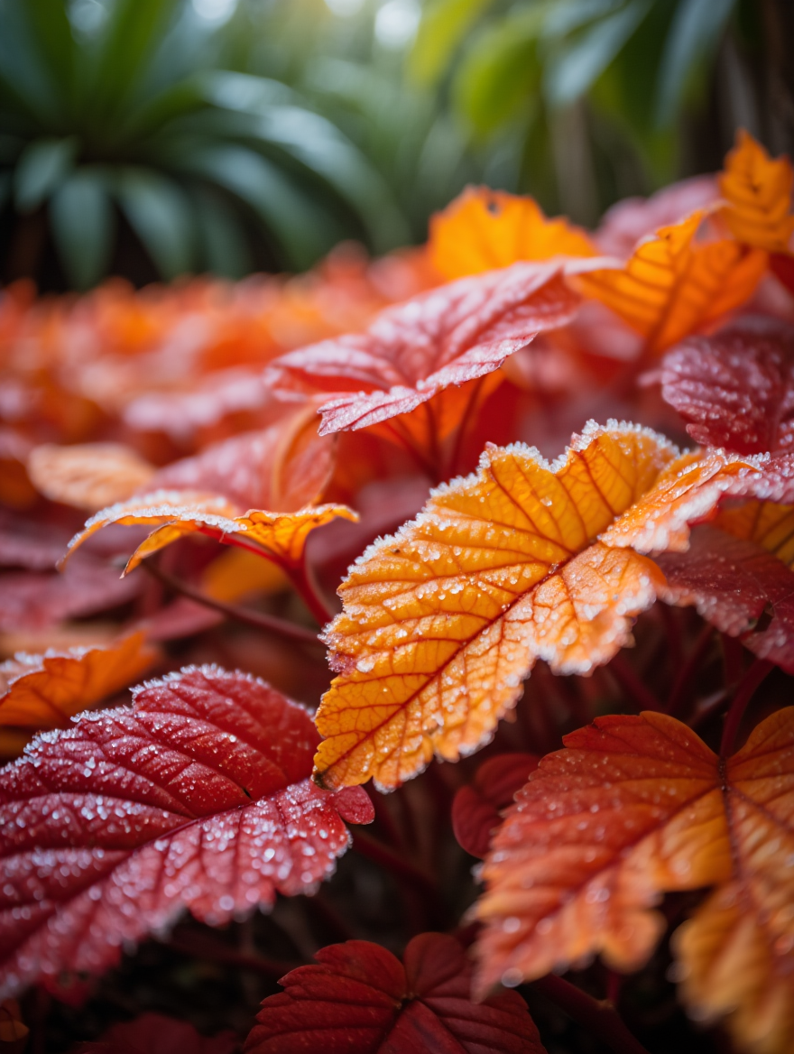 Crystalline frost patterns on vibrant autumn leaves