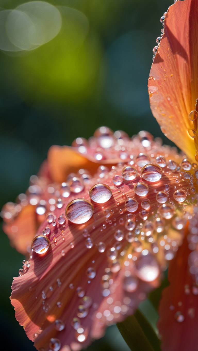 Intricate details of morning dew drops resting on a flower petal