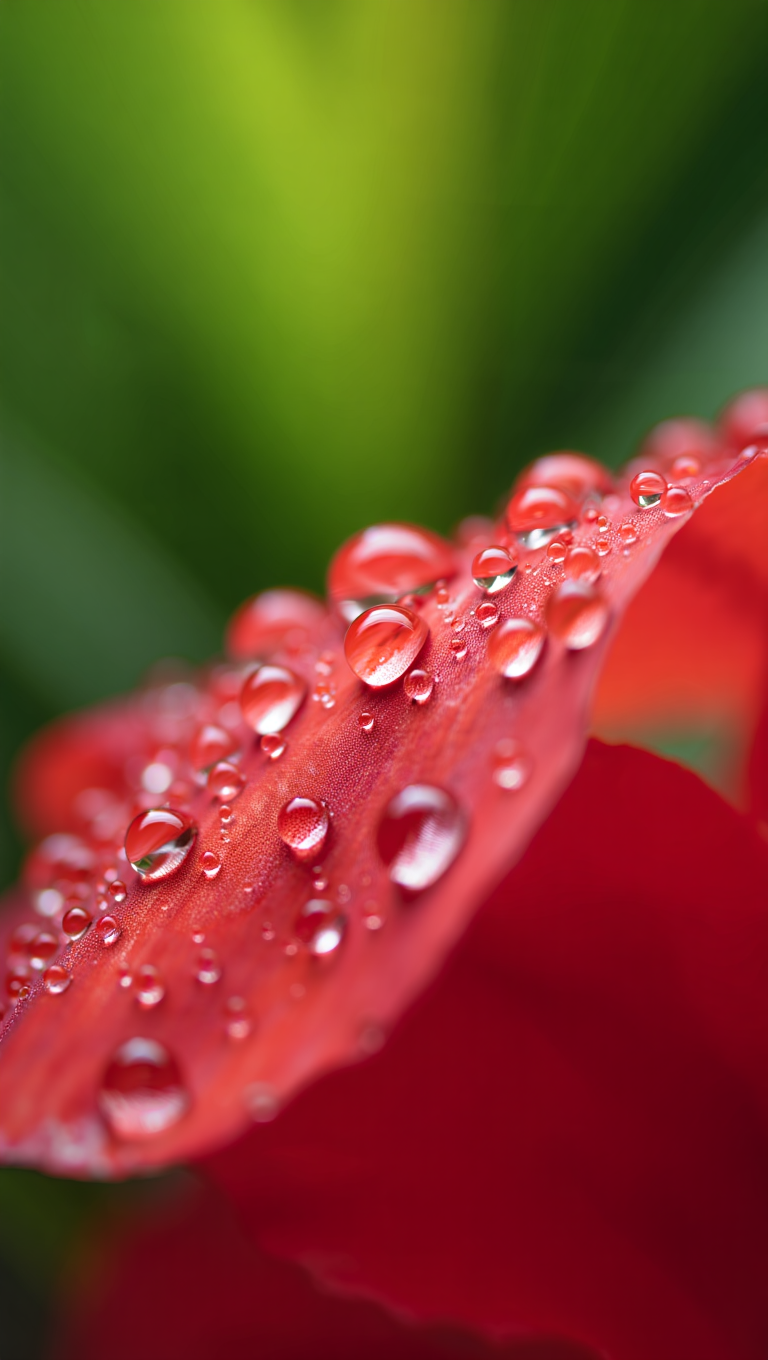 Water droplets on a single red flower petal in a tropical forest setting