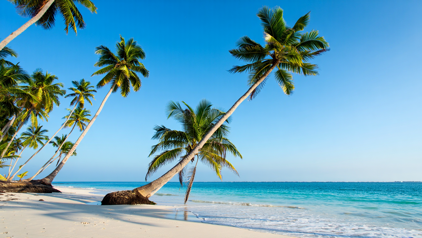 A group of tall coconut palm trees lean over a pristine white sandy beach