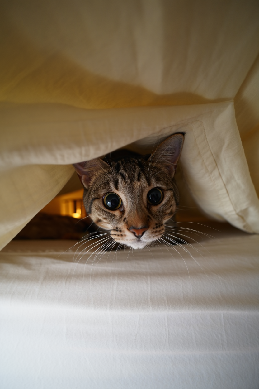 A close-up photograph captures a cat's face looking directly into the camera lens from above the edge of a white bed
