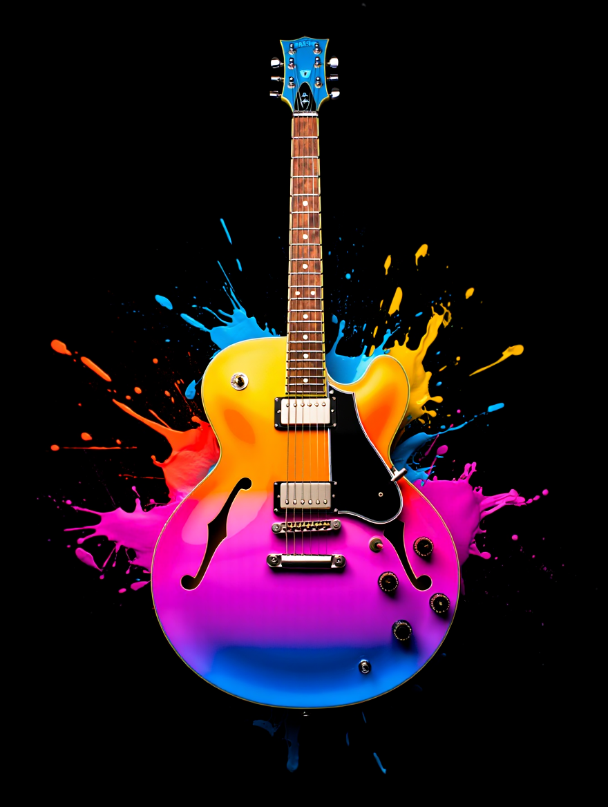 A semi-hollow body electric guitar serves as the centerpiece of the composition