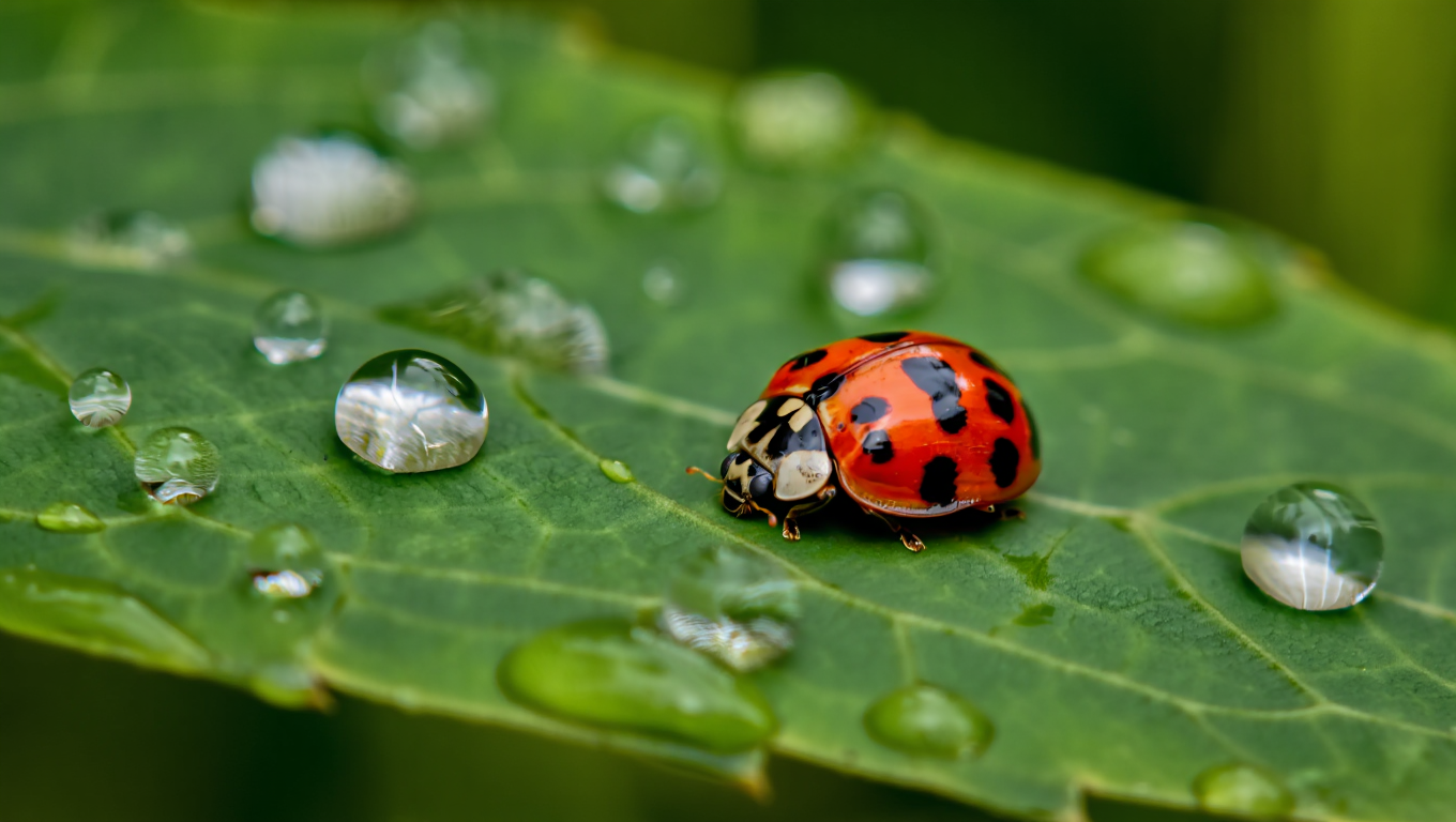A detailed close-up photograph captures a single red ladybug with black spots resting on a broad green leaf in early morning light.