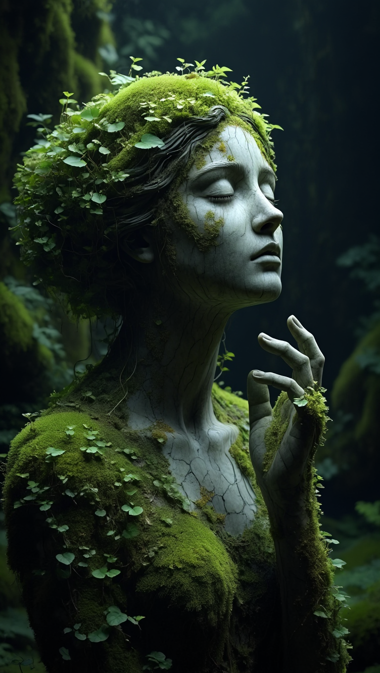 A photorealistic 3D rendering of a weathered stone sculpture depicts a serene female figure with closed eyes and upturned face