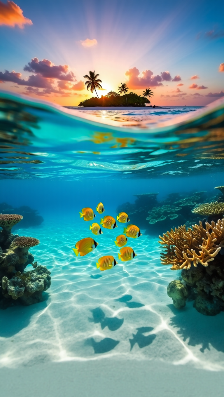 A split-view underwater photograph captures both above and below the water's surface of a tropical paradise
