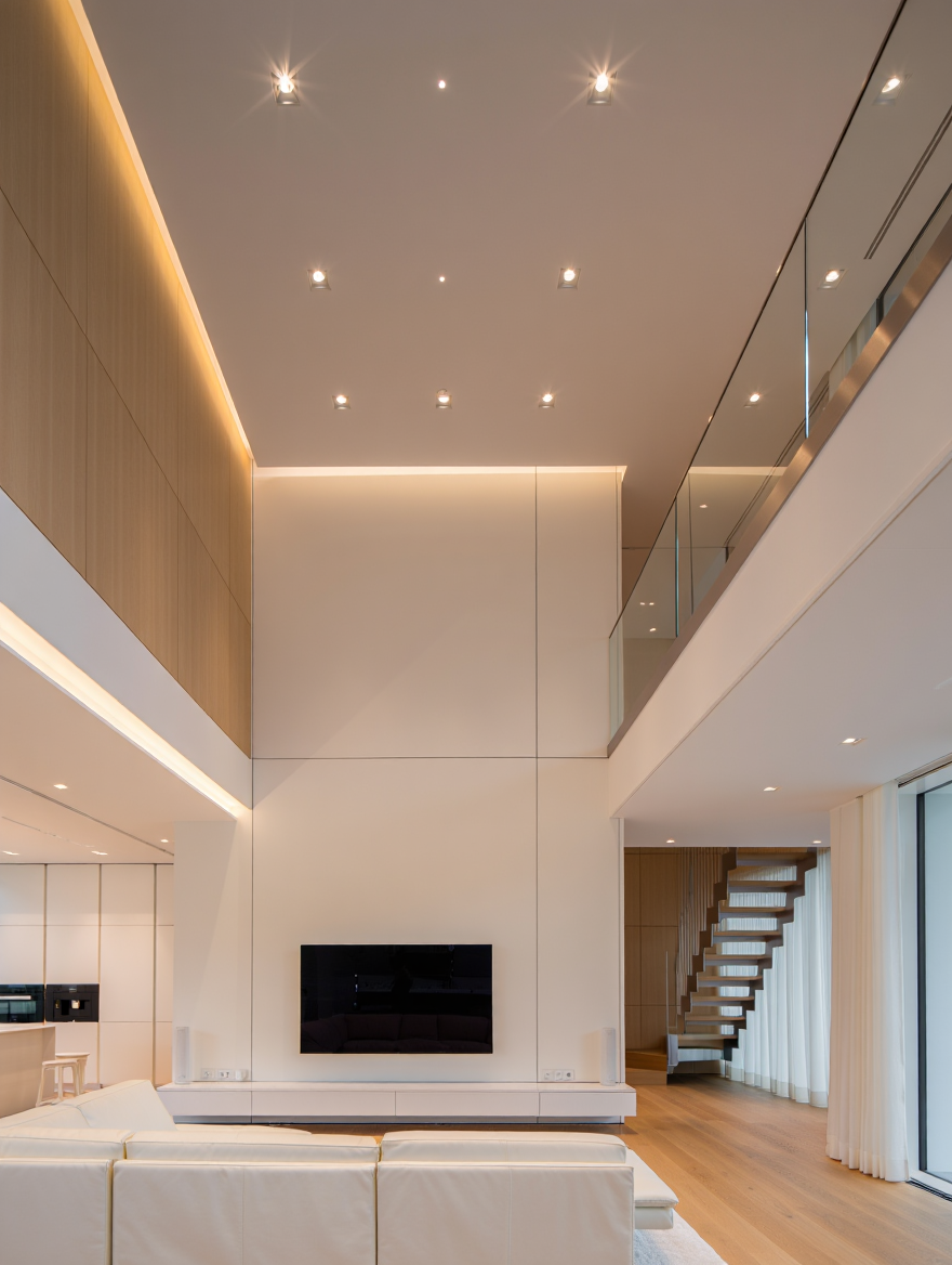 A luxurious double-height modern living room featuring a minimalist design aesthetic