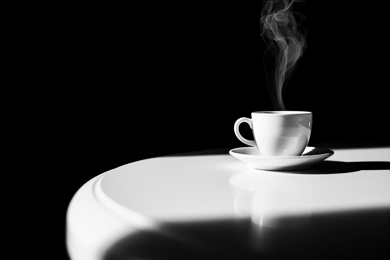Black and white conceptual photograph features a white porcelain coffee cup