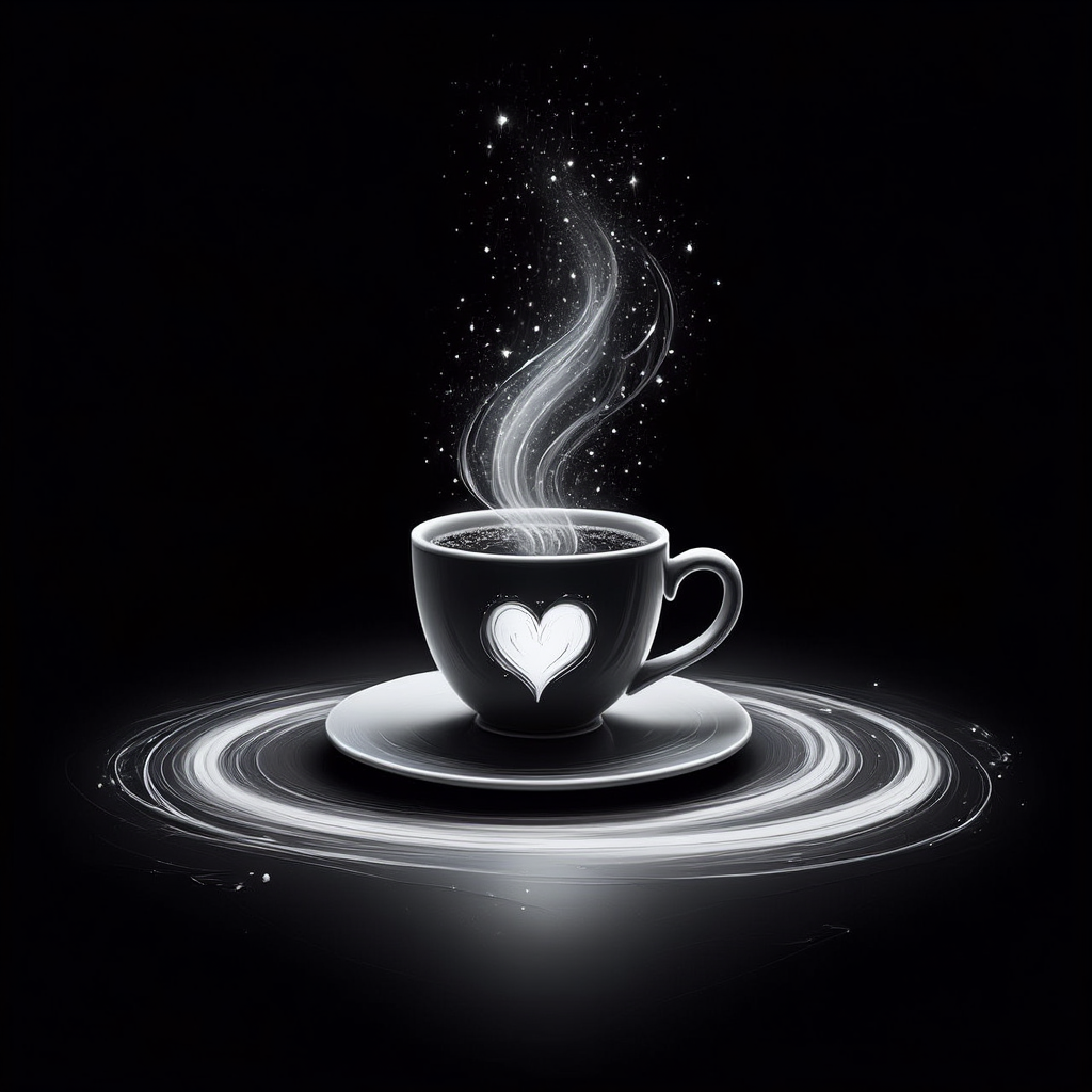 A digital black and white illustration of a glowing white coffee cup with a heart design etched onto its surface