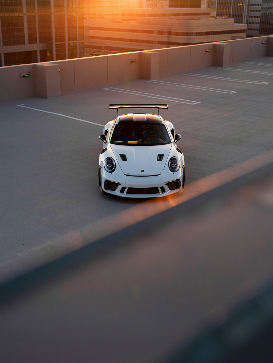 A white Porsche 911 GT3 RS sports car is positioned in the center of a modern concrete rooftop parking structure