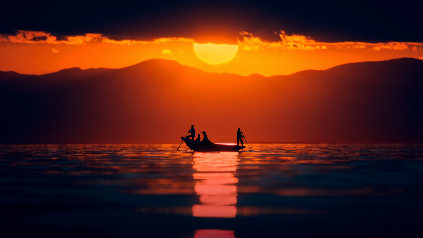 A dramatic sunset landscape photography featuring a traditional wooden boat with four silhouetted figures crossing calm waters