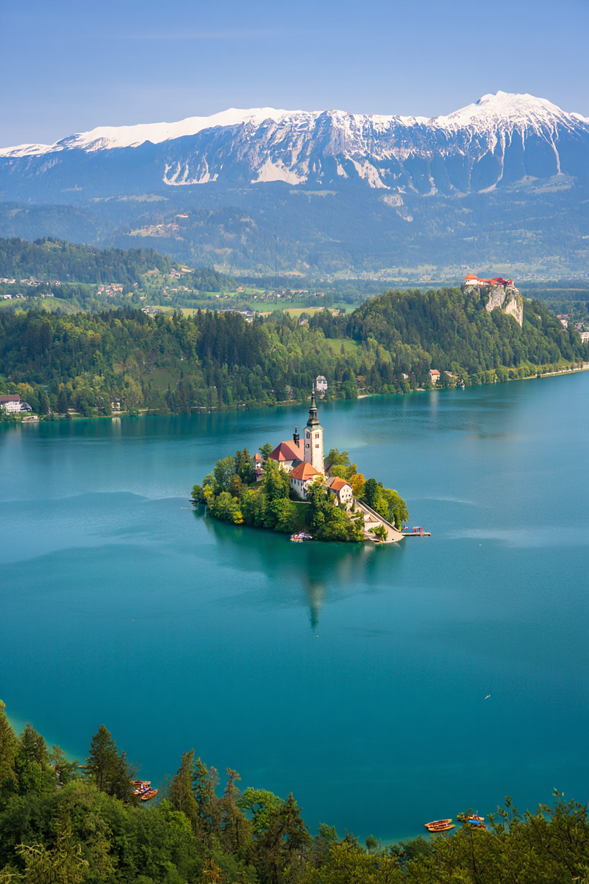 A panoramic view of Lake Bled in Slovenia captures the iconic Church