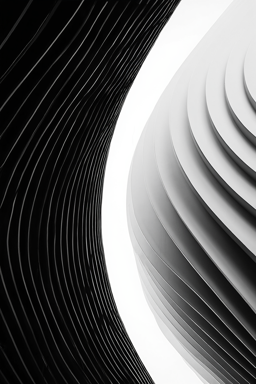 A black and white abstract photograph captures geometric and organic forms in a single frame