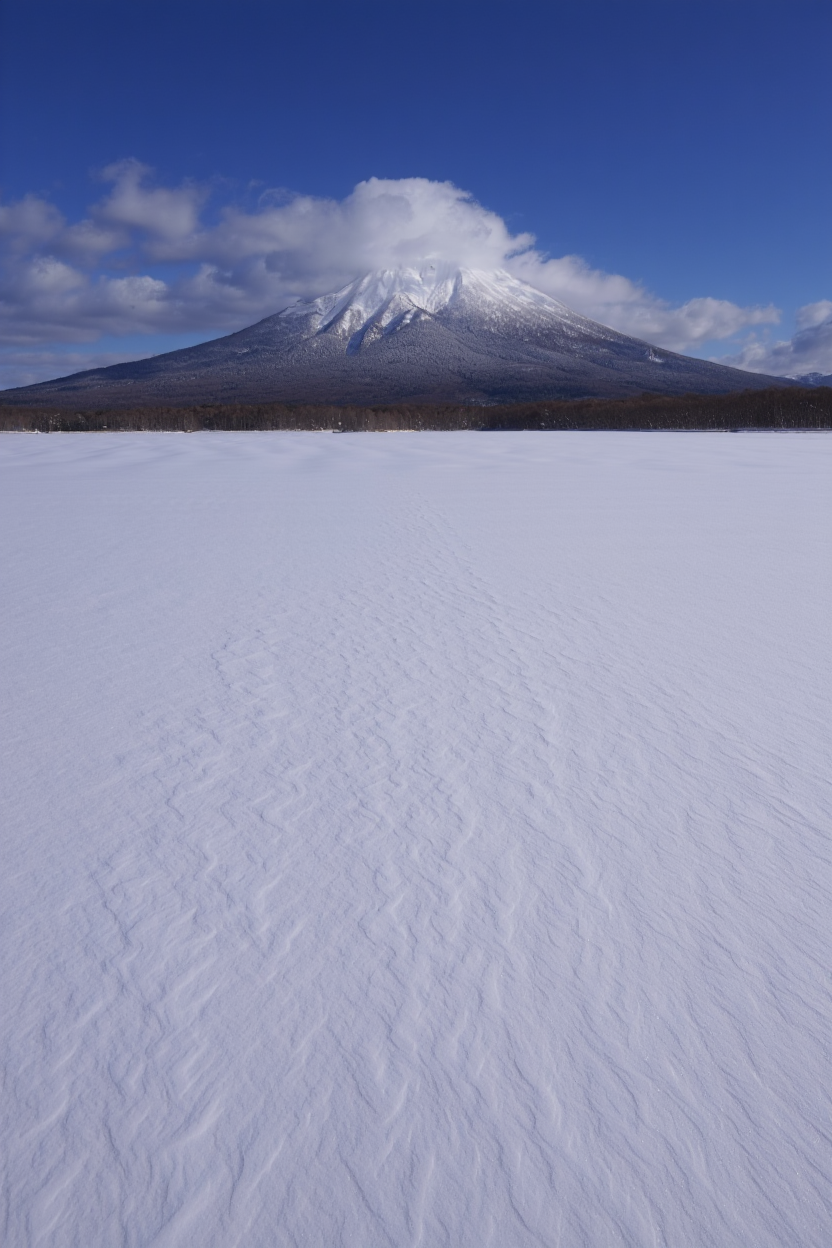 A majestic winter landscape photograph featuring a snow-capped mountain peak centered in the frame