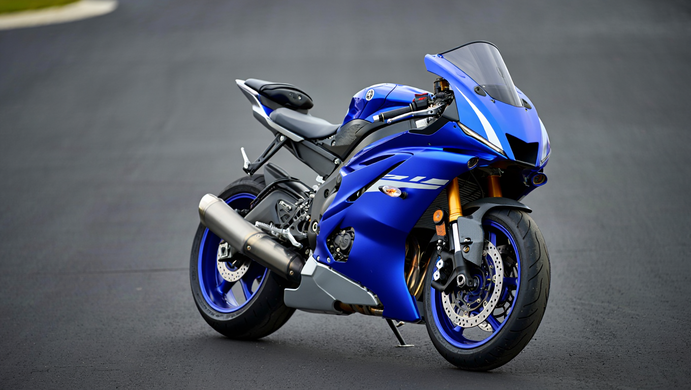 A blue Yamaha YZF-R6 sportbike motorcycle stands on asphalt pavement