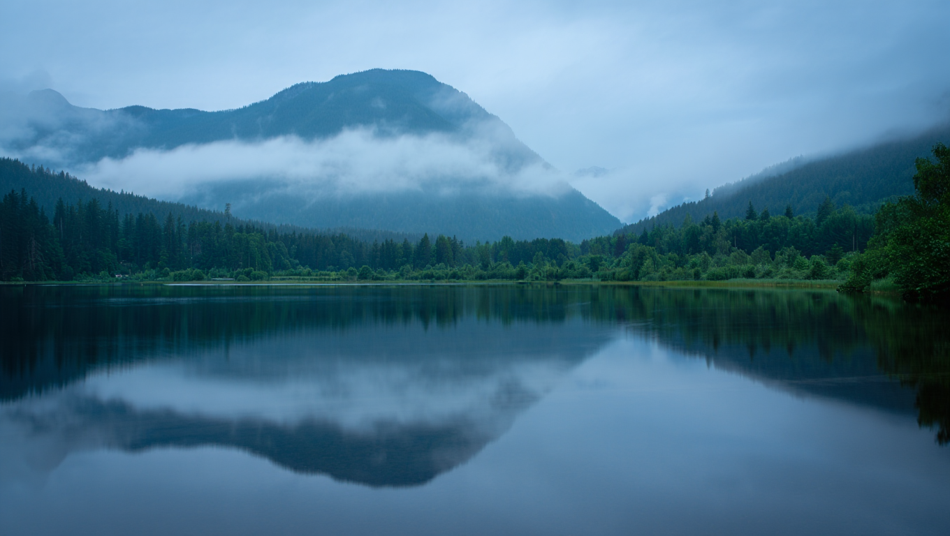 A landscape photograph captures a misty mountain lake at dawn using a wide-angle lens