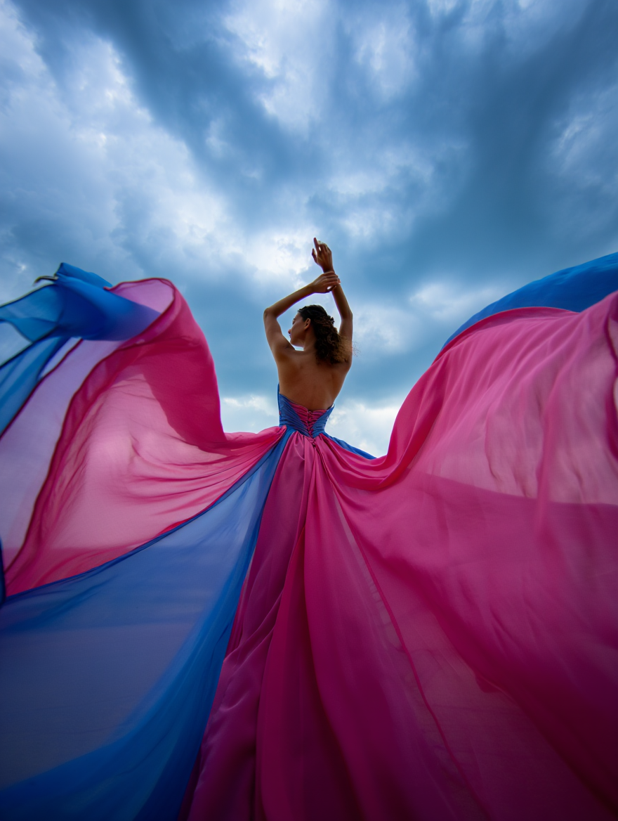 A woman in a flowing gown with dual-toned pink and blue fabric stands with her back to the camera against a stormy sky