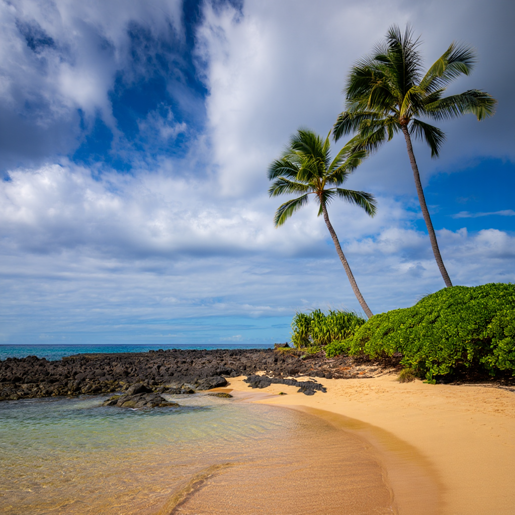 A breathtaking tropical landscape photograph capturing a secluded paradise cove in Hawaii