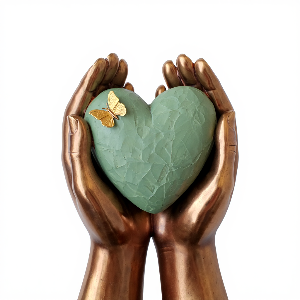 A sculptural art piece features anatomically detailed bronze-patinated hands tenderly cradling a sage-green heart form with a stone-like texture