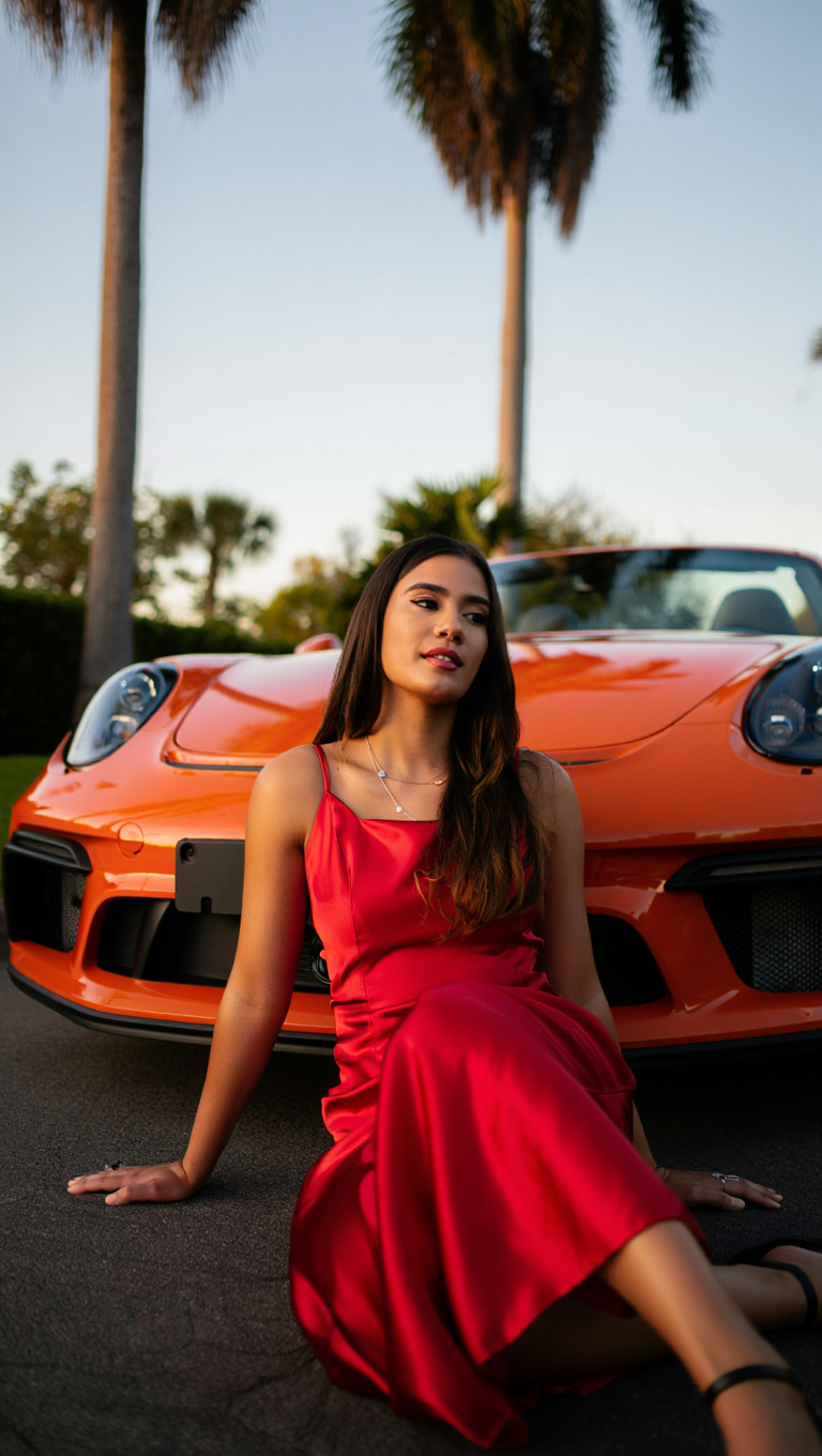 Woman in a striking red satin dress posing against an orange Porsche sports car