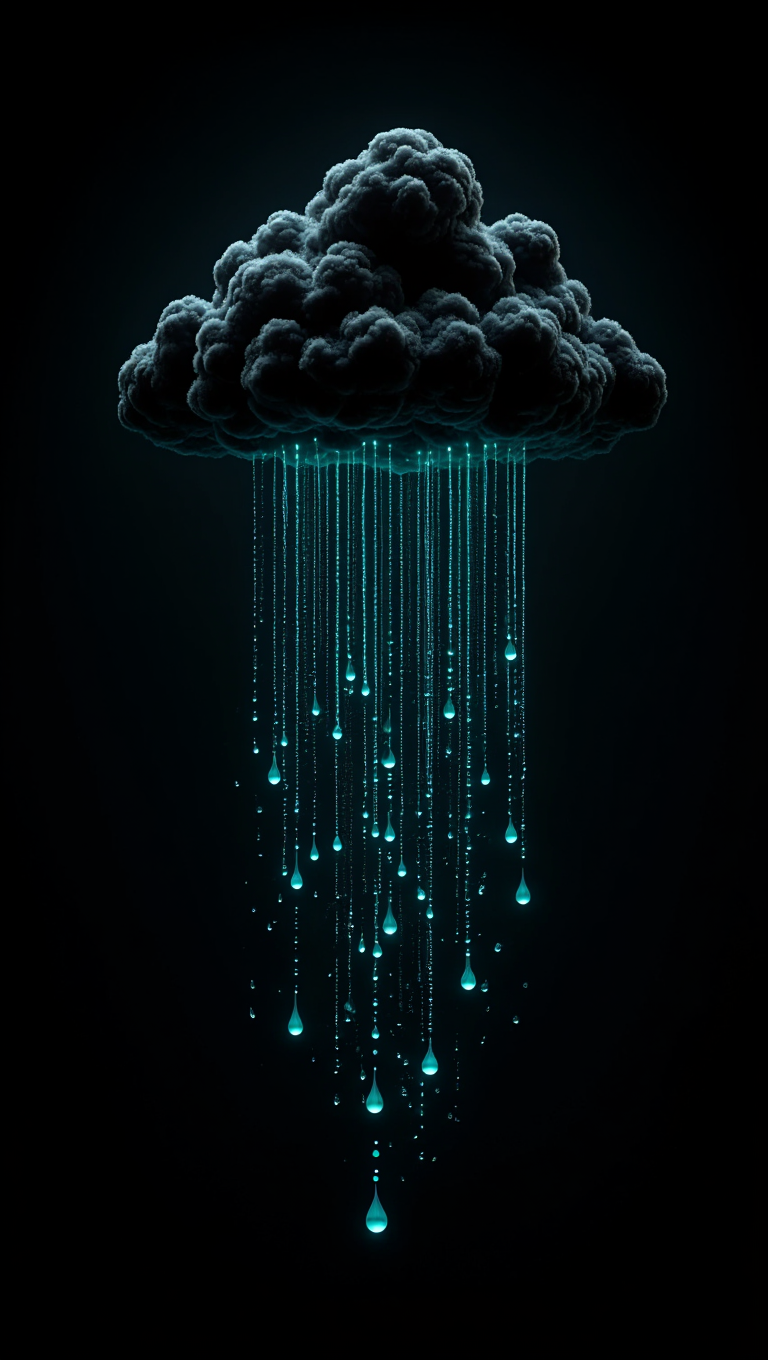 A dark, volumetric cloud formation floats in empty space against a pure black background