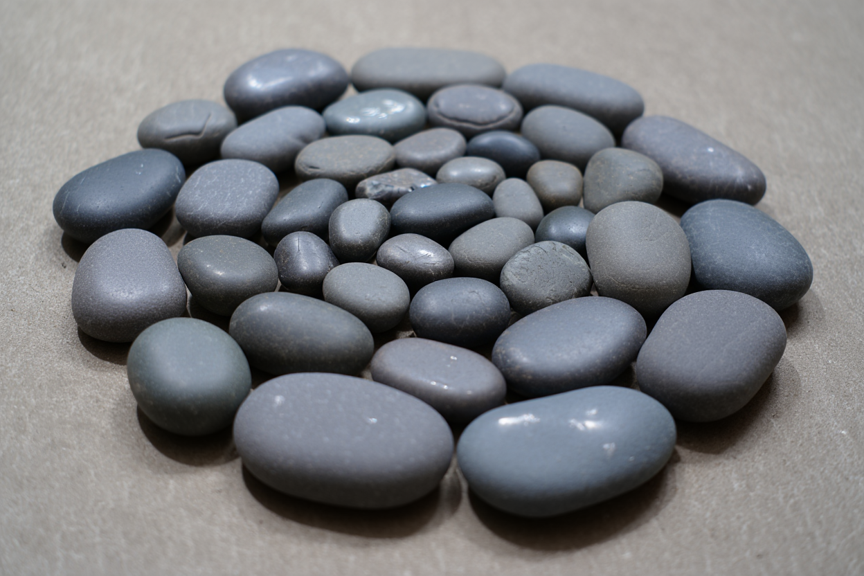 A group of smooth, polished river stones of varying sizes and shapes arranged in a spiral pattern on a flat grey concrete surface