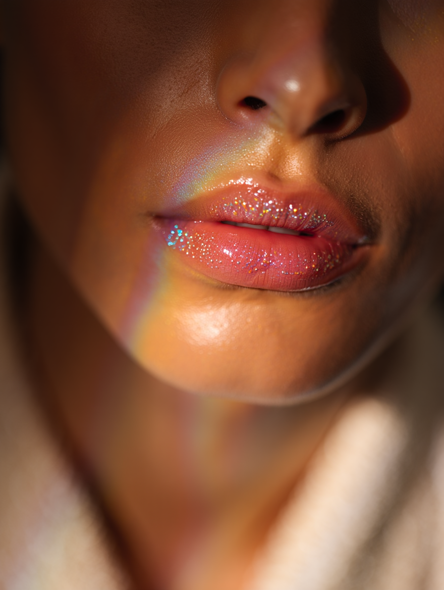 Gleaming lips wet with shimmering iridescent lip gloss