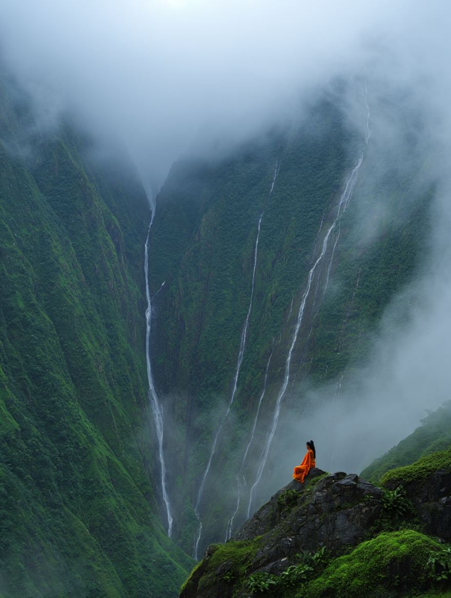 A dramatic waterfall of a hidden valley in the Himalayas