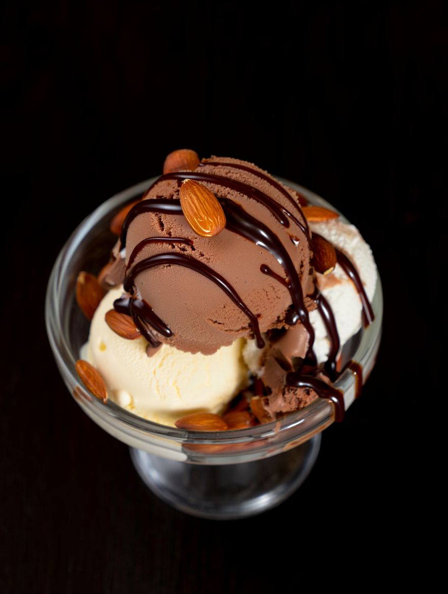 A luxurious ice cream sundae sits centered in a clear glass sundae bowl against a solid black background