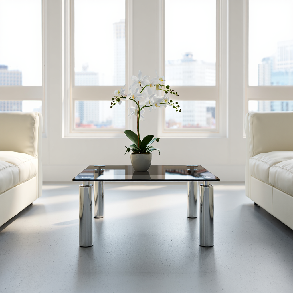A modern apartment interior with a sleek glass coffee table centered in a white-walled living room