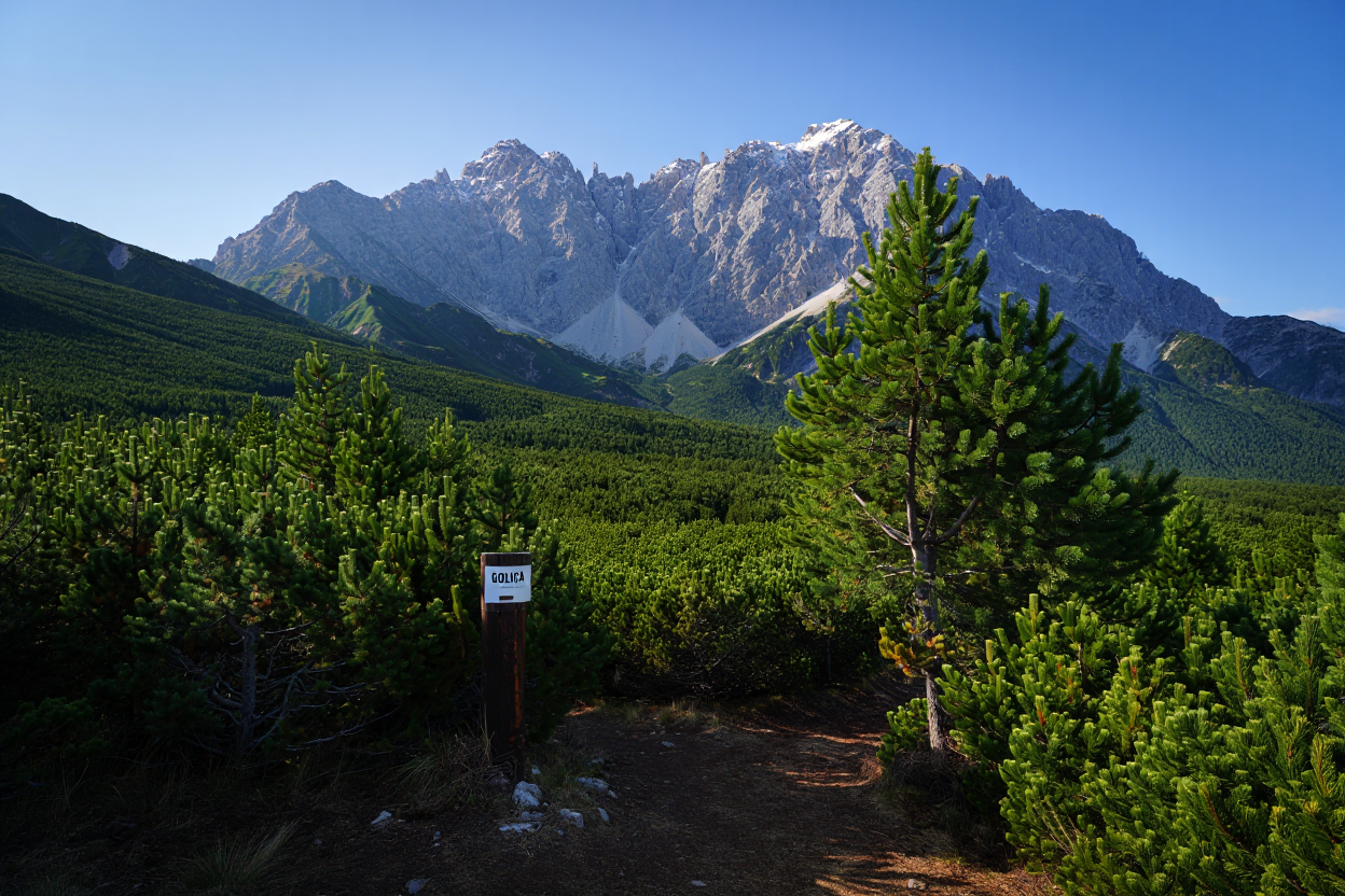 A photograph of Mount Golica in the Slovenian Alps at sunrise