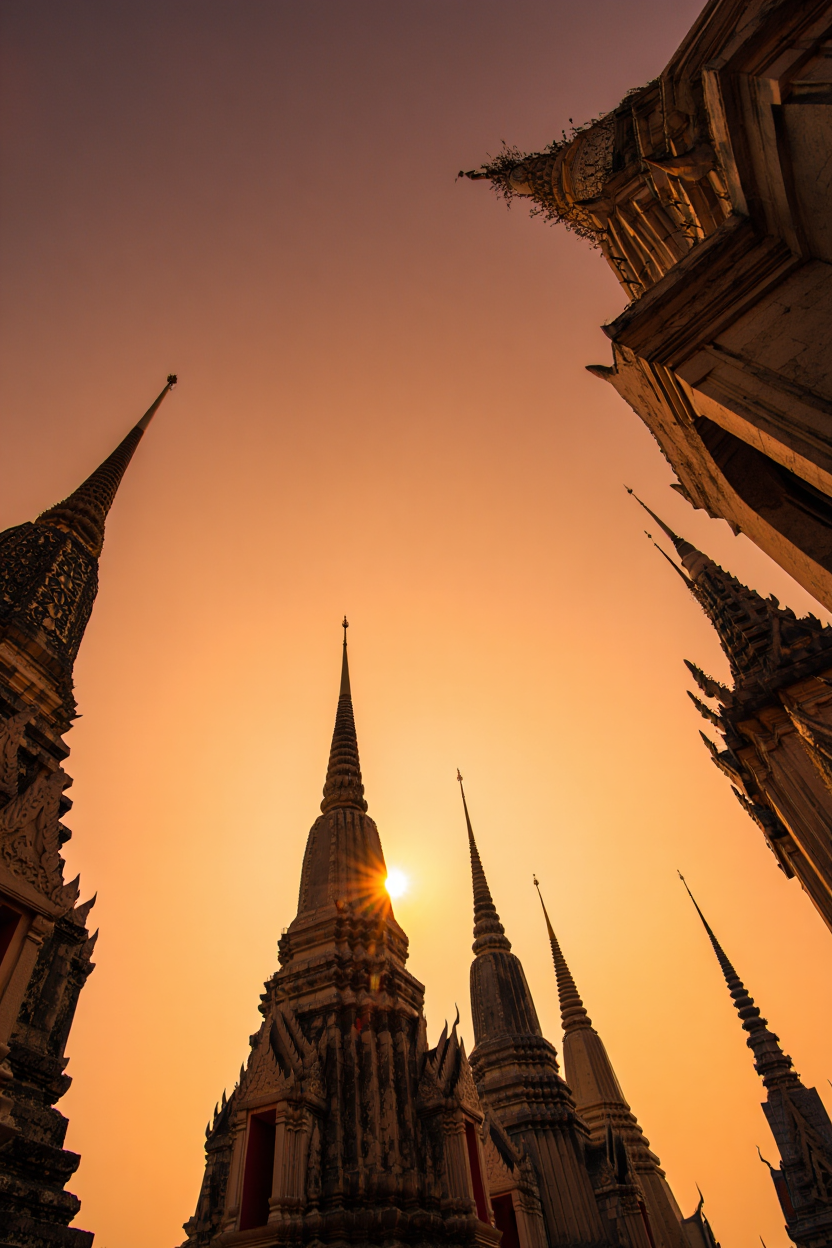 Silhouetted spires of a Buddhist temple against a warm orange sunset sky
