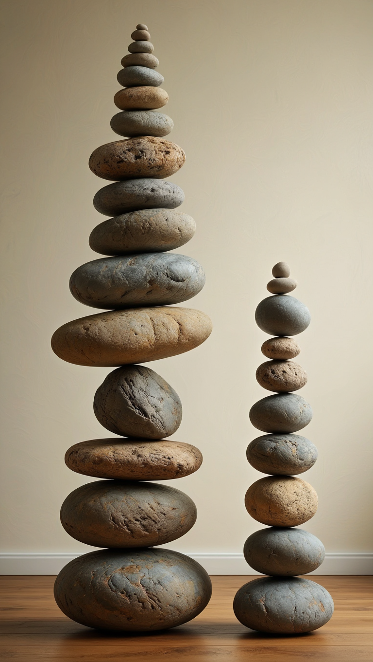 A striking interior photography of two meticulously balanced stone sculptures on a wooden floor against a beige wall