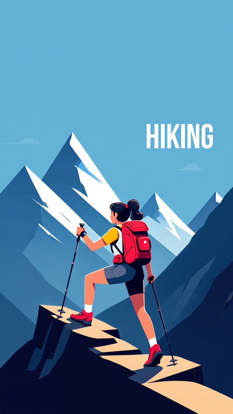 A female hiker ascends a steep mountain trail