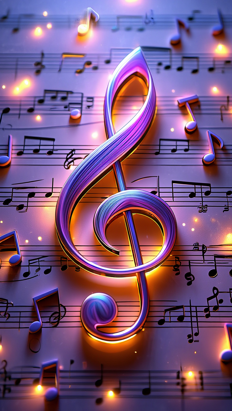 A digital art composition features a three-dimensional treble clef in the center