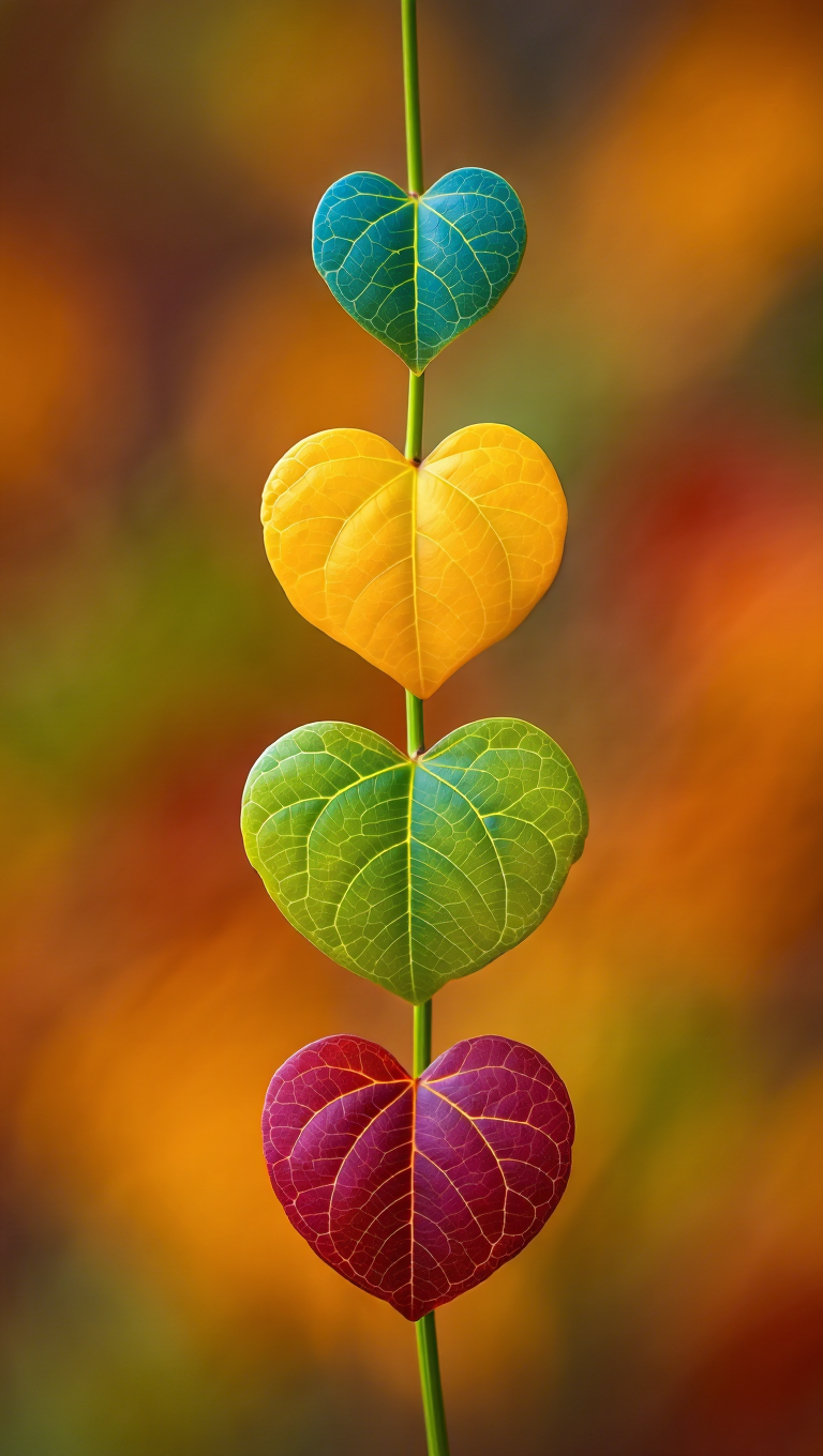 A macro photography shows four heart-shaped leaves growing vertically on a single green stem