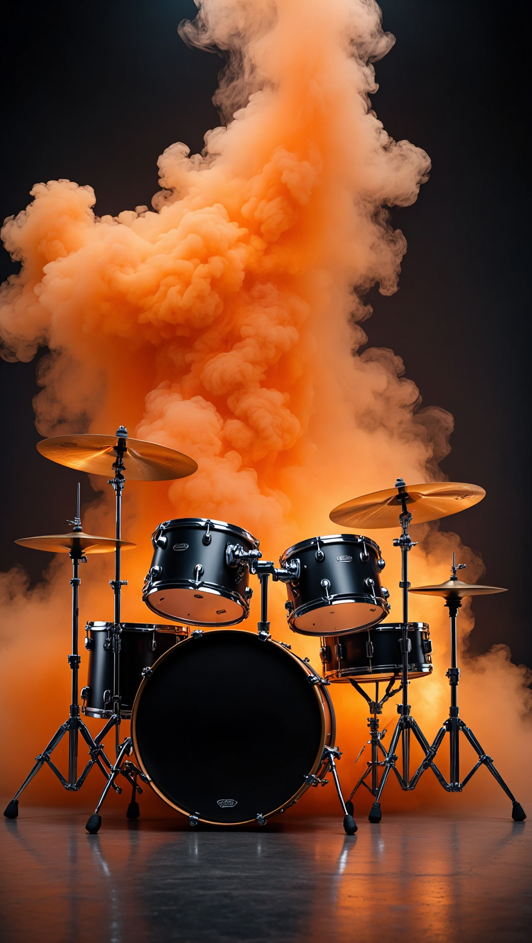 A professional black drum kit photographed in a studio setting, surrounded by dramatic orange smoke effects