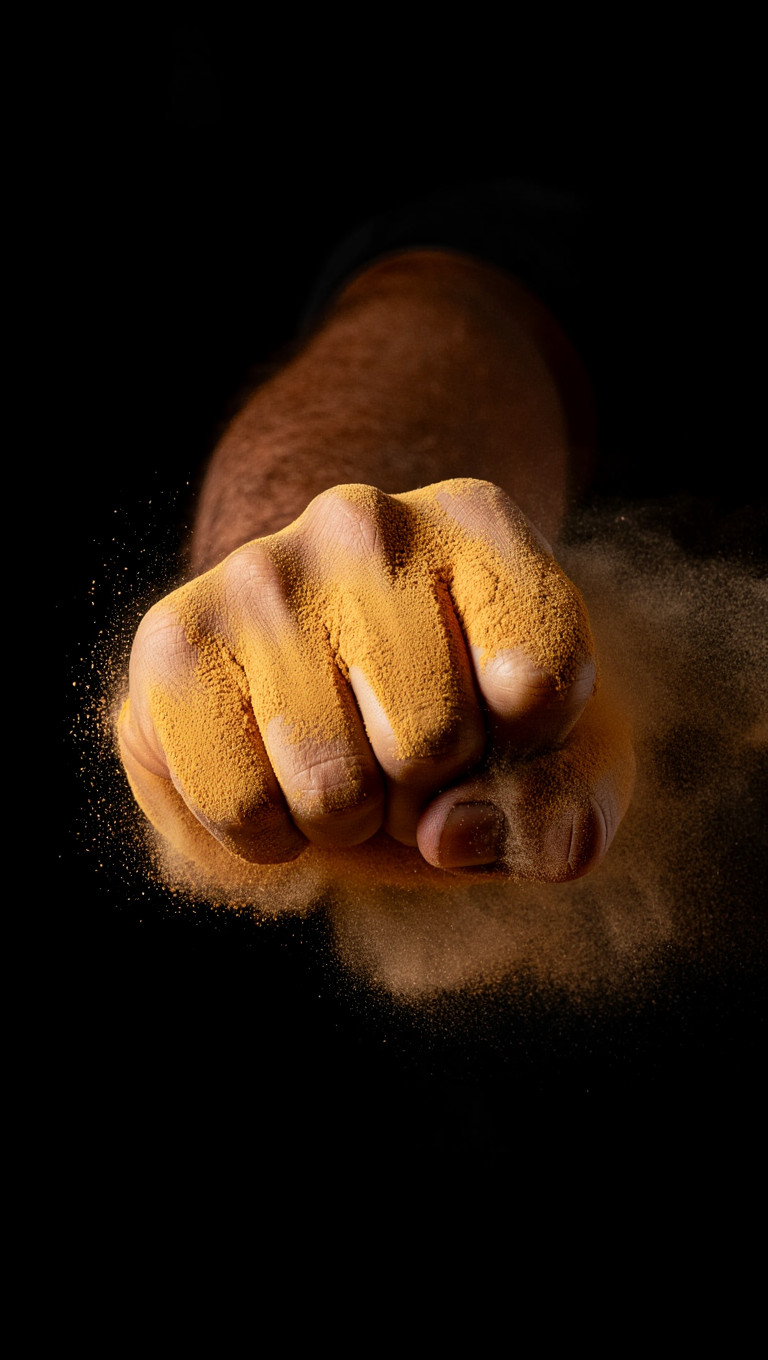 A dramatic close-up photography of a clenched fist covered in and surrounded by dispersing golden-brown powder