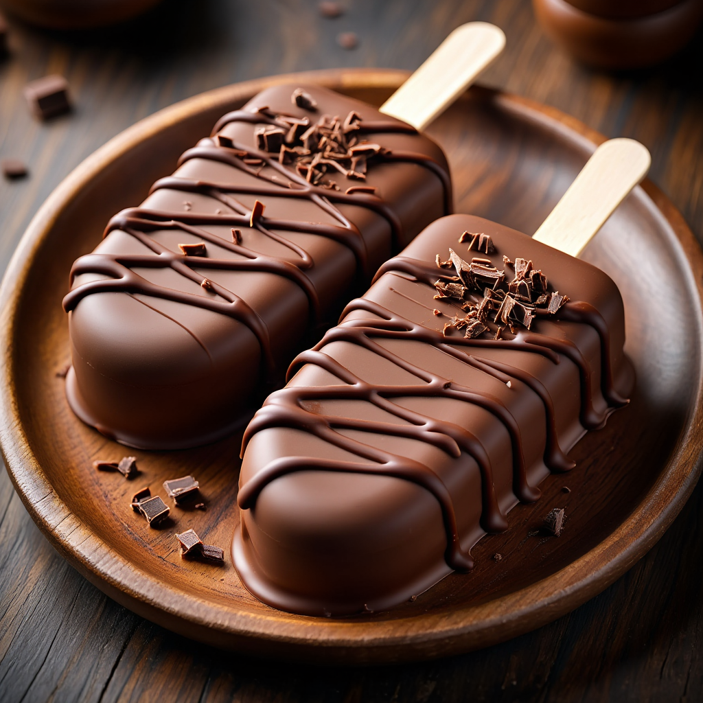 A close-up photography of three chocolate-covered ice cream