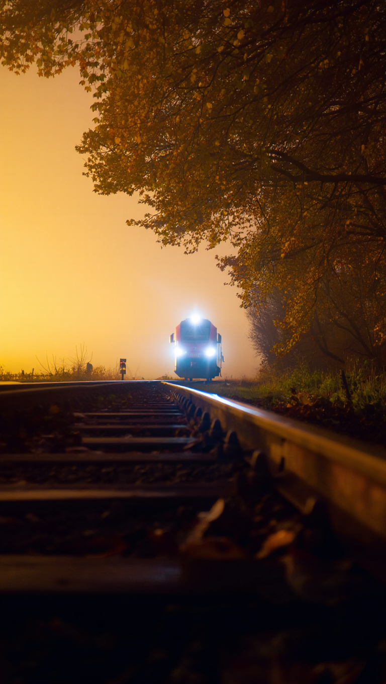 A train with bright white headlights approaches on railroad tracks at dusk