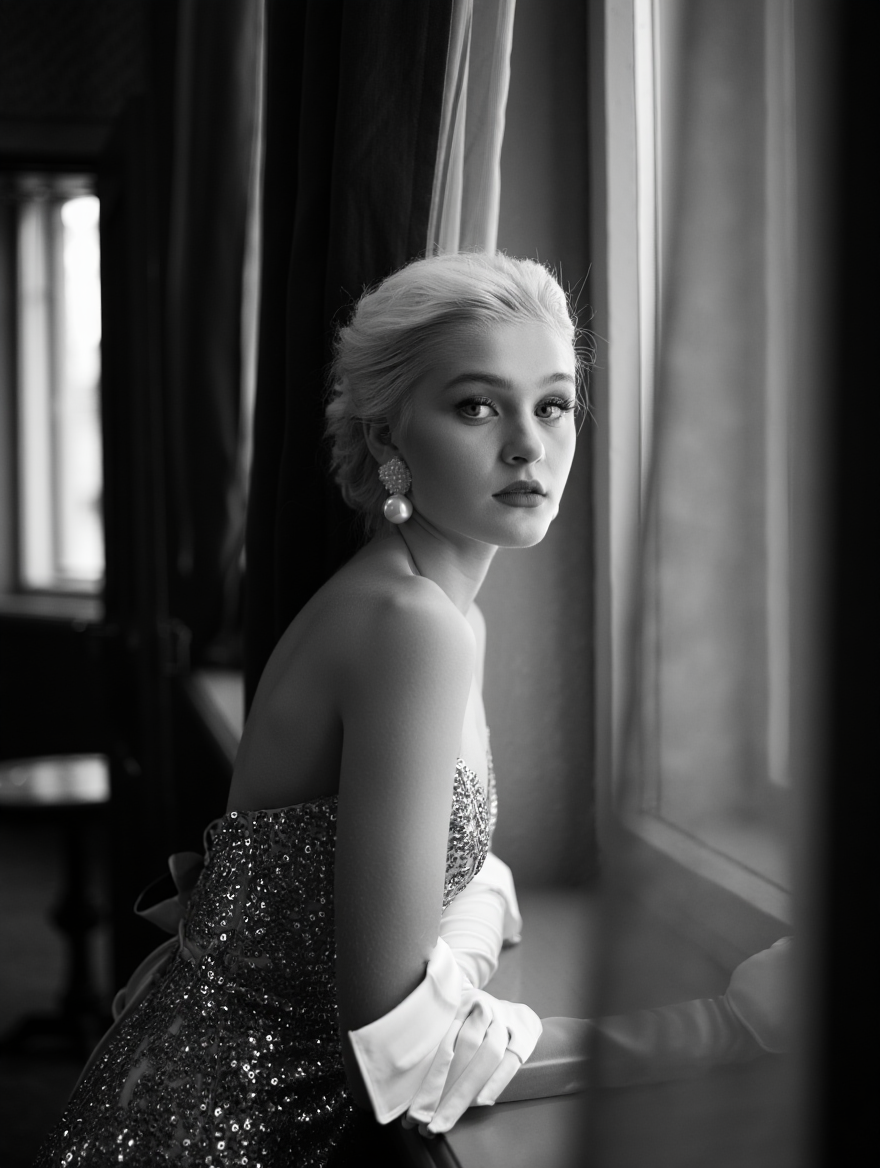 A black and white fashion model photography