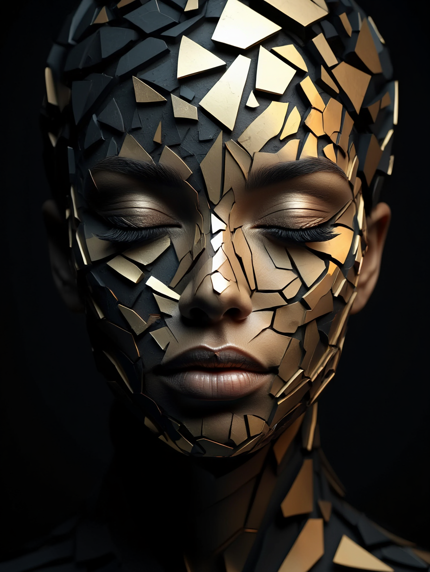 A digital art portrait of a woman's face constructed from fragmented geometric pieces in metallic gold and black colors