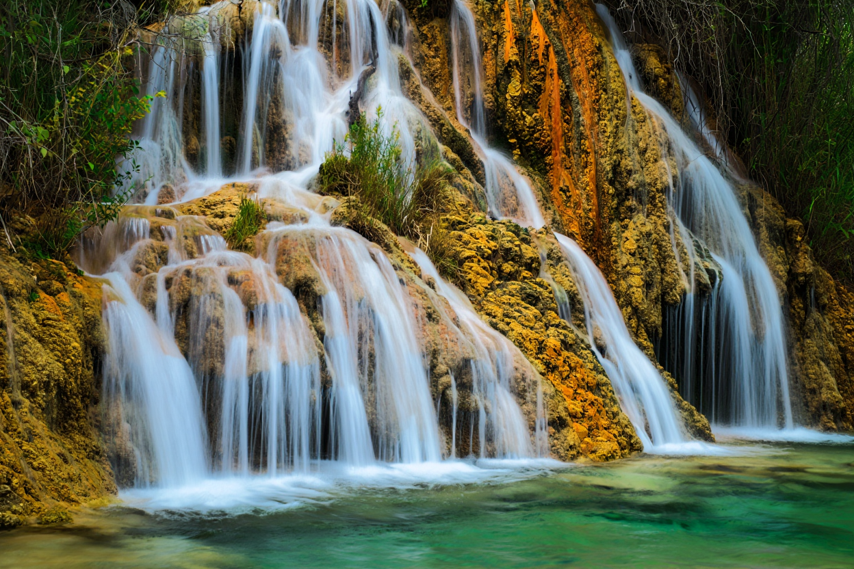 A stunning natural waterfall cascades over mineral-rich rock faces